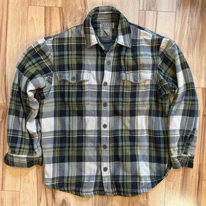 Duluth Trading green and black flannel button down flannel.